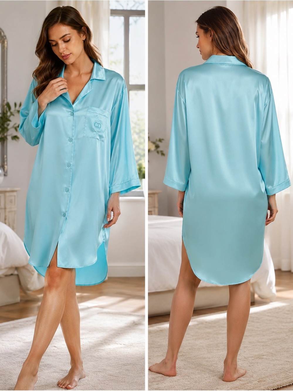 Vintage Christian Dior Saks Fifth Ave. Satin Nightshirt Aqua Blue CD Logo Large